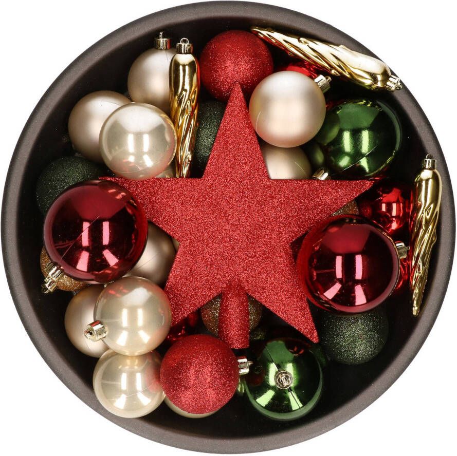 Bellatio Decorations 33x stuks kunststof kerstballen met piek 5-6-8 cm rood groen champagne incl. haakjes Kerstbal