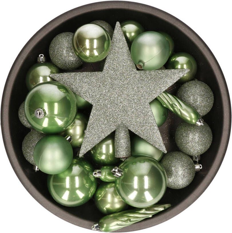 Bellatio Decorations 33x stuks kunststof kerstballen met piek 5-6-8 cm salie groen incl. haakjes Kerstbal