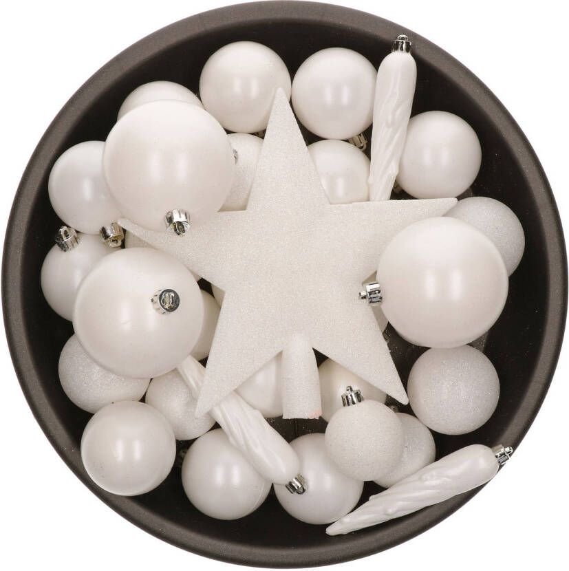 Bellatio Decorations 33x stuks kunststof kerstballen met piek 5-6-8 cm wit incl. haakjes Kerstbal
