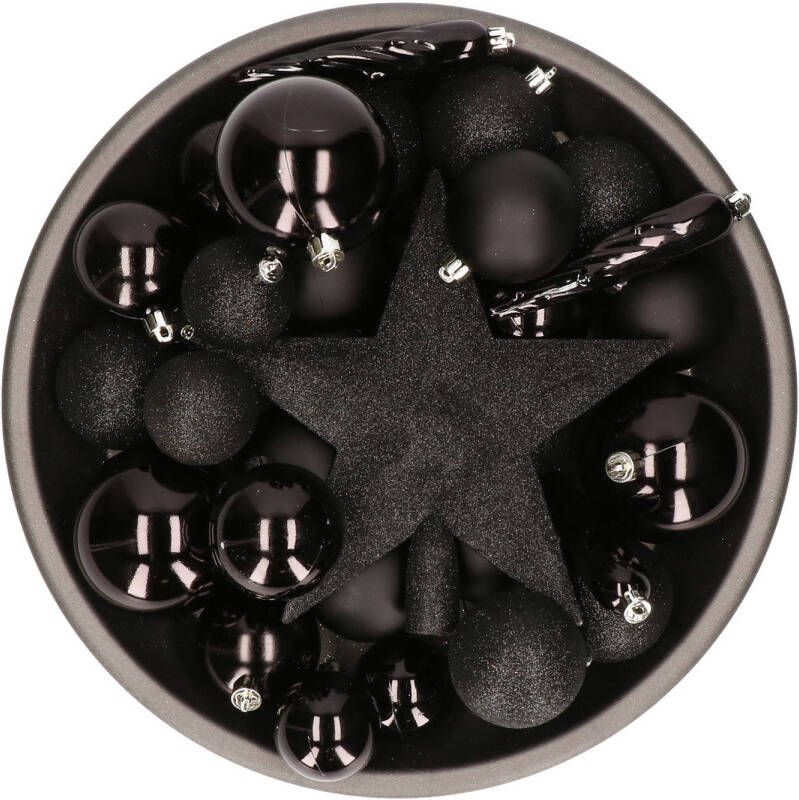 Bellatio Decorations 33x stuks kunststof kerstballen met piek 5-6-8 cm zwart incl. haakjes Kerstbal