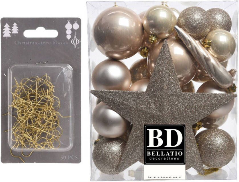 Bellatio Decorations 33x stuks kunststof kerstballen met ster piek parel champagne inclusief gouden kerstboomhaakjes Kerstbal