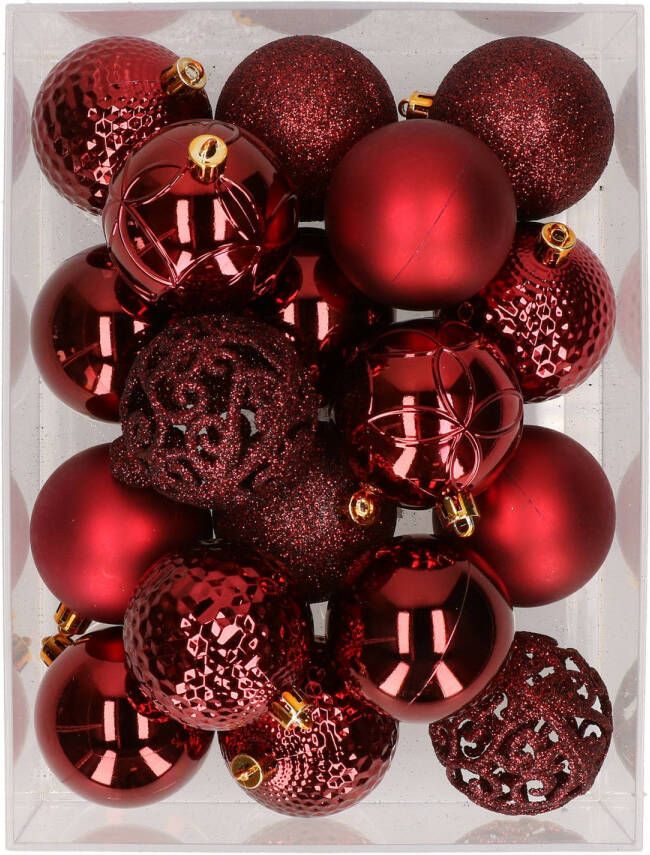 Bellatio Decorations 37x stuks kunststof kerstballen bordeaux rood 6 cm glans mat glitter mix Kerstbal