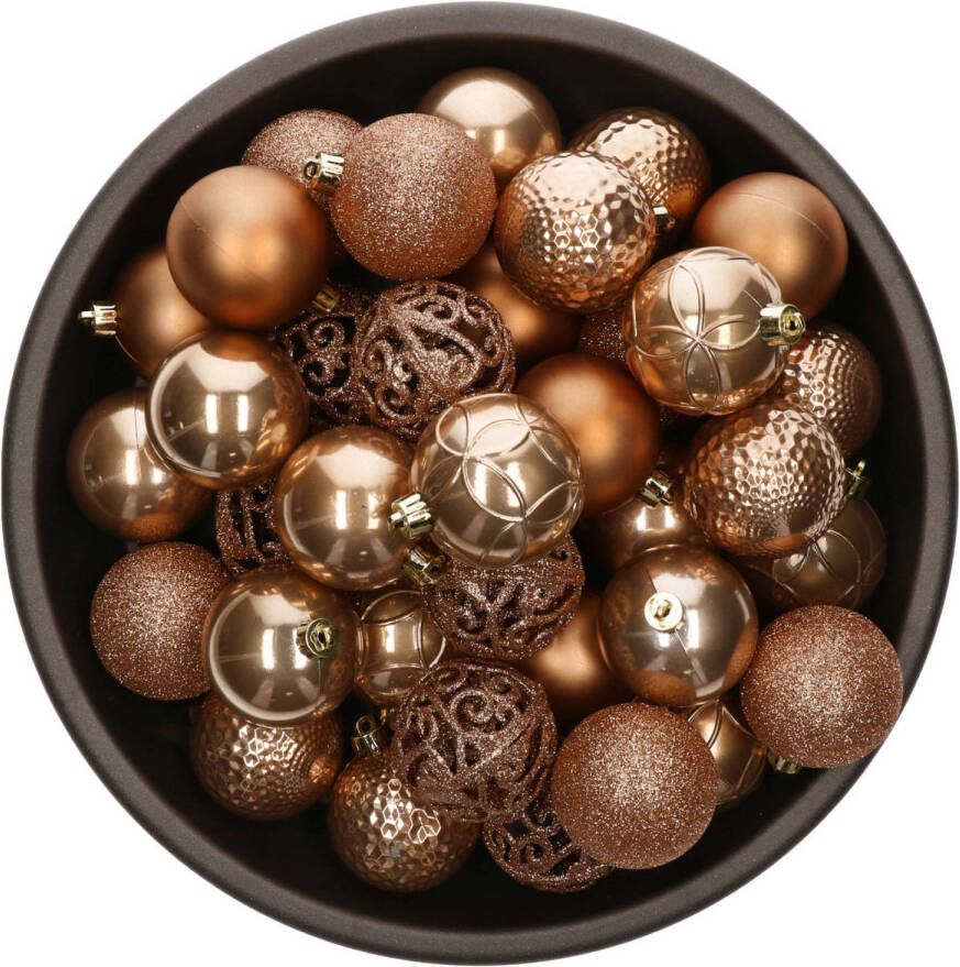 Bellatio Decorations 37x stuks kunststof kerstballen camel bruin 6 cm glans mat glitter mix Kerstbal