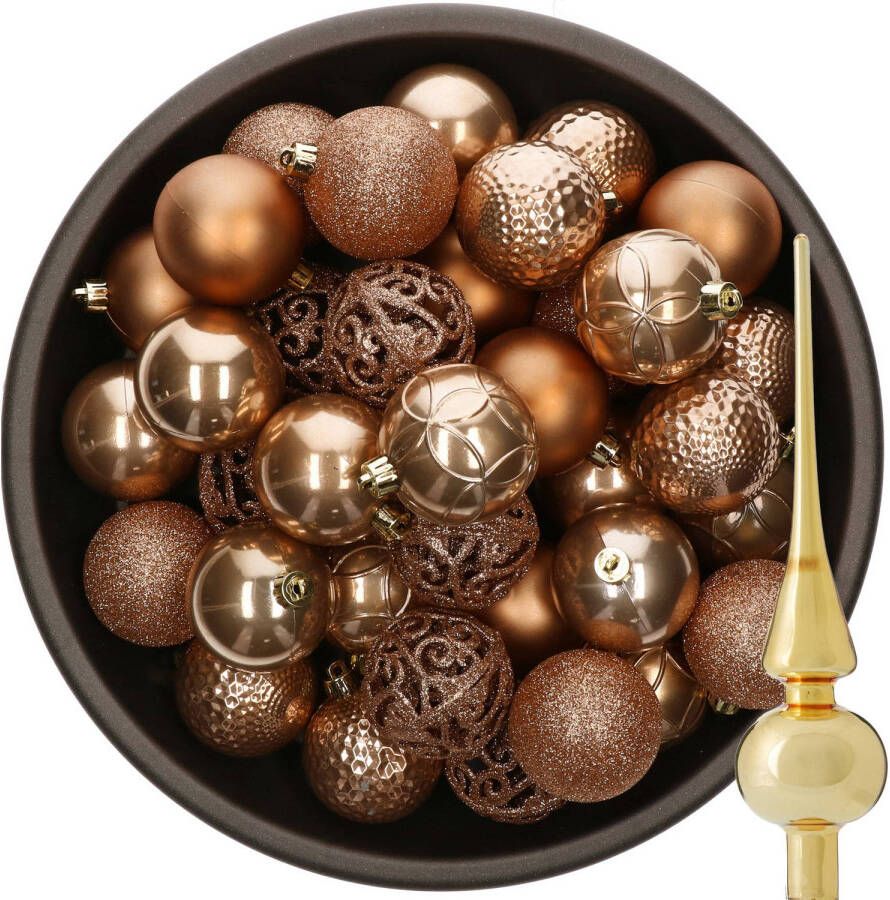 Bellatio Decorations 37x stuks kunststof kerstballen camel bruin 6 cm incl. glazen piek goud Kerstbal