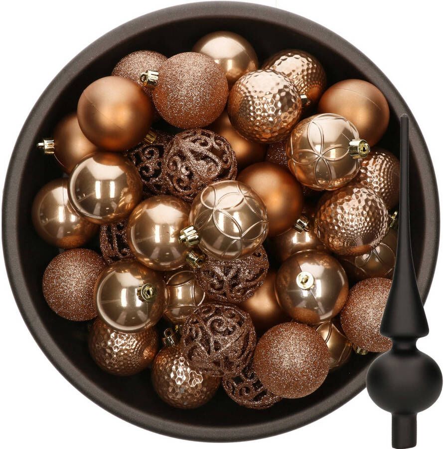 Bellatio Decorations 37x stuks kunststof kerstballen camel bruin 6 cm incl. glazen piek zwart Kerstbal