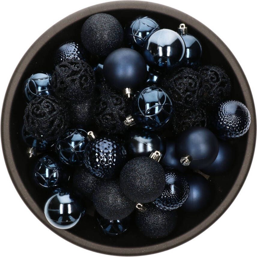 Bellatio Decorations 37x stuks kunststof kerstballen donkerblauw 6 cm glans mat glitter mix Kerstbal