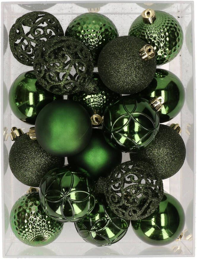 Bellatio Decorations 37x stuks kunststof kerstballen donkergroen 6 cm glans mat glitter mix Kerstbal