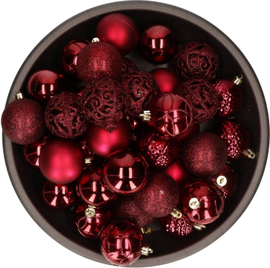 Bellatio Decorations 37x stuks kunststof kerstballen donkerrood (oxblood) 6 cm glans mat glitter mix Kerstbal
