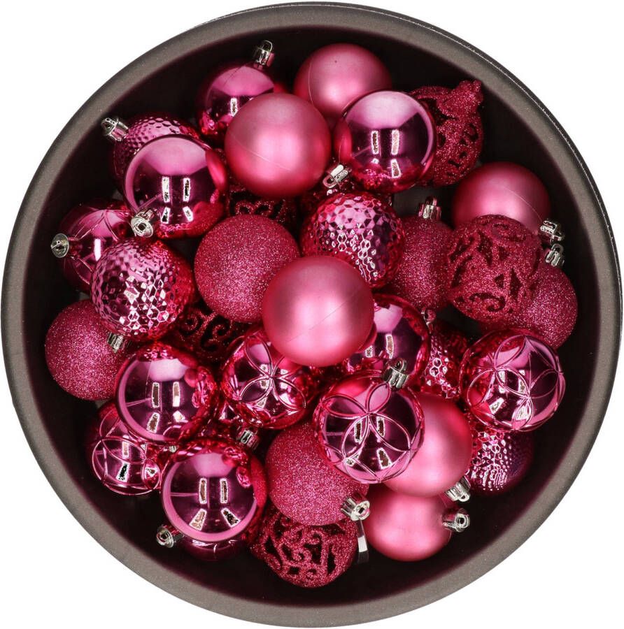 Bellatio Decorations 37x stuks kunststof kerstballen fuchsia roze 6 cm glans mat glitter mix Kerstbal