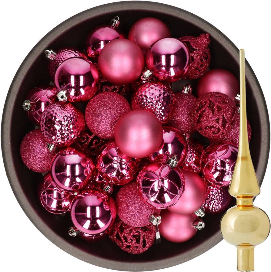 Bellatio Decorations 37x stuks kunststof kerstballen fuchsia roze 6 cm incl. glazen piek goud Kerstbal