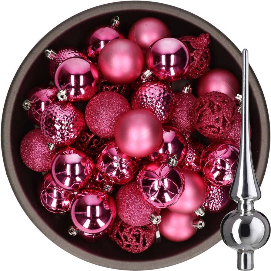 Bellatio Decorations 37x stuks kunststof kerstballen fuchsia roze 6 cm incl. glazen piek zilver Kerstbal