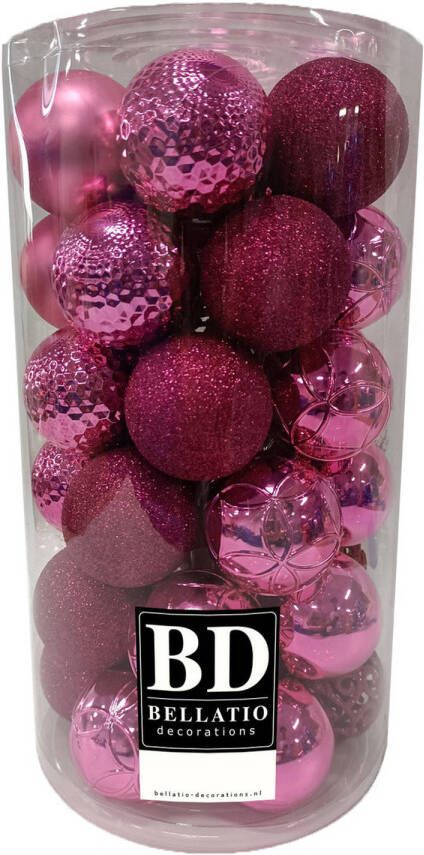 Bellatio Decorations 37x stuks kunststof kerstballen fuchsia roze 6 cm inclusief kerstbalhaakjes Kerstbal