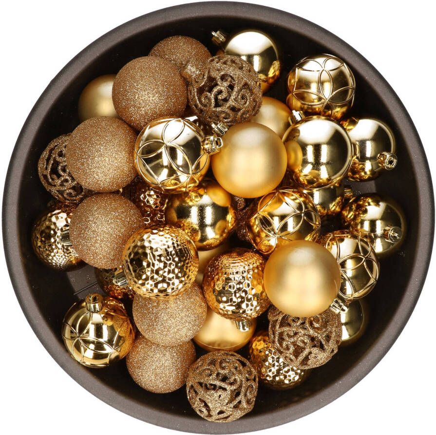 Decoris 37x Gouden kunststof kerstballen 6 cm Mix Onbreekbare plastic kerstballen Kerstboomversiering goud