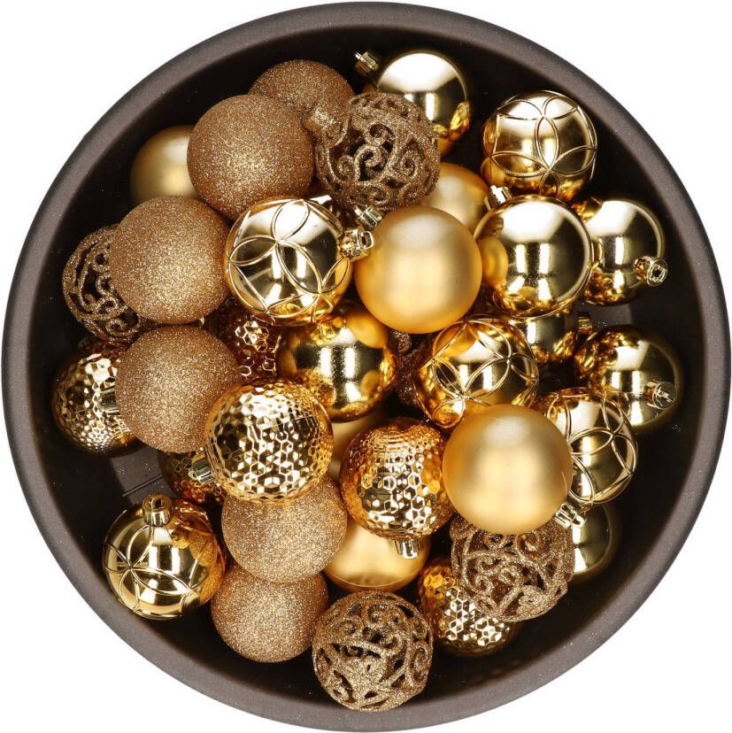 Bellatio Decorations 37x stuks kunststof kerstballen goud 6 cm glans mat glitter mix Kerstbal