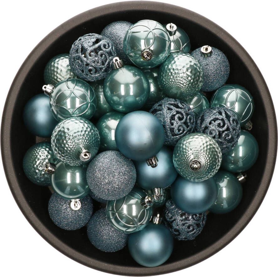Bellatio Decorations 37x stuks kunststof kerstballen ijsblauw (arctic blue) 6 cm glans mat glitter mix Kerstbal