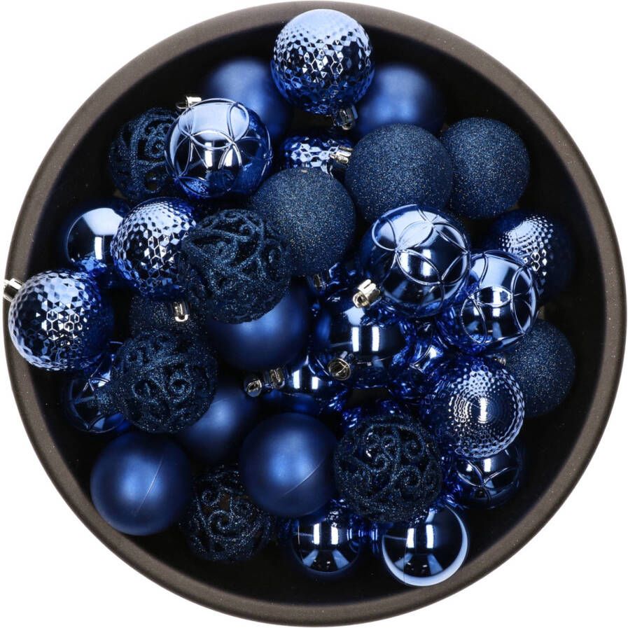 Bellatio Decorations 37x stuks kunststof kerstballen kobalt blauw 6 cm glans mat glitter mix Kerstbal