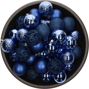 Decoris 37x Kobalt blauwe kunststof kerstballen 6 cm Mix Onbreekbare plastic kerstballen Kerstboomversiering kobalt blauw
