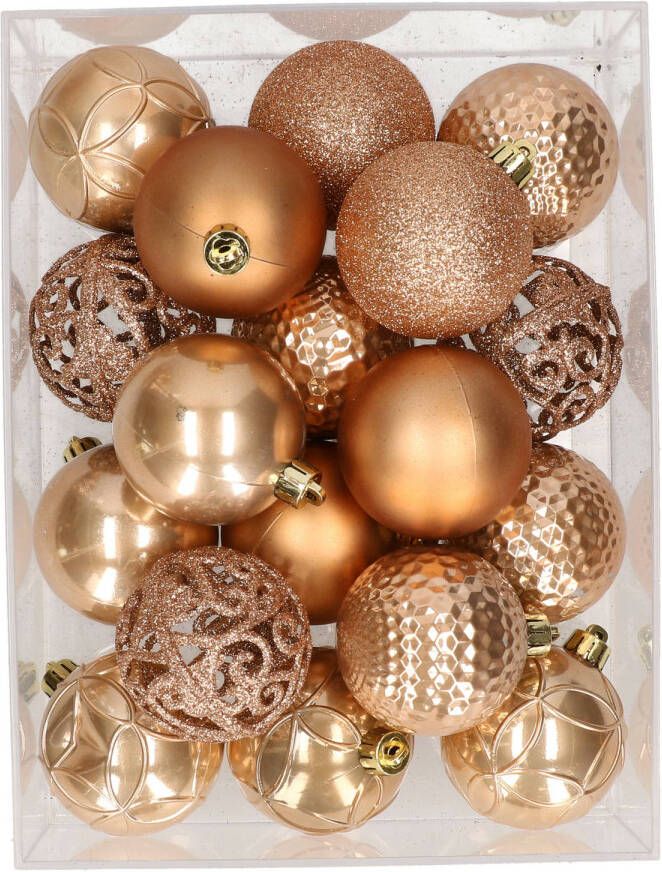 Bellatio Decorations 37x stuks kunststof kerstballen lichtbruin 6 cm glans mat glitter mix Kerstbal