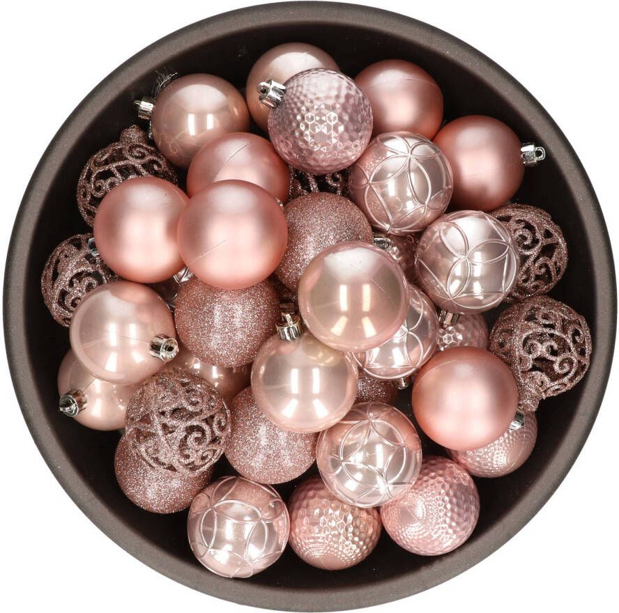 Bellatio Decorations 37x stuks kunststof kerstballen lichtroze (blush pink) 6 cm glans mat glitter mix Kerstbal
