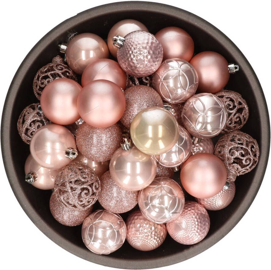 Bellatio Decorations 37x stuks kunststof kerstballen lichtroze (blush pink) 6 cm glans mat glitter mix Kerstbal