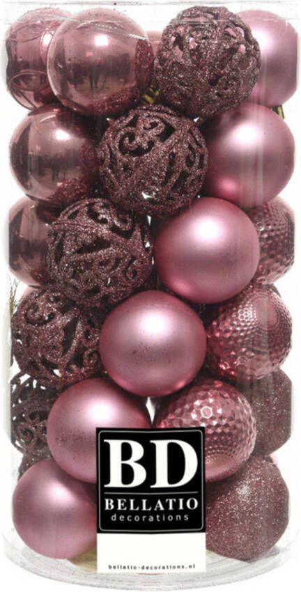 Bellatio Decorations 37x stuks kunststof kerstballen oudroze 6 cm inclusief kerstbalhaakjes Kerstbal
