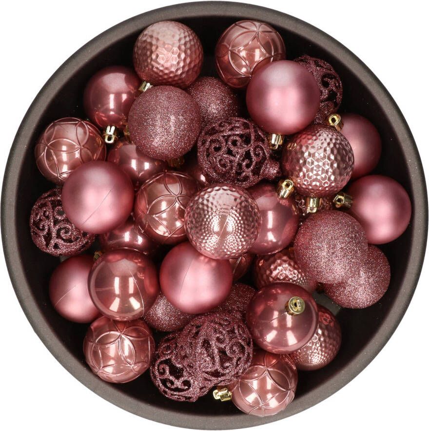 Bellatio Decorations 37x stuks kunststof kerstballen oudroze (velvet pink) 6 cm glans mat glitter mix Kerstbal