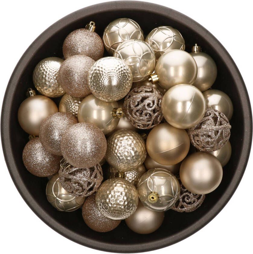 Bellatio Decorations 37x stuks kunststof kerstballen parel champagne 6 cm glans mat glitter mix Kerstbal