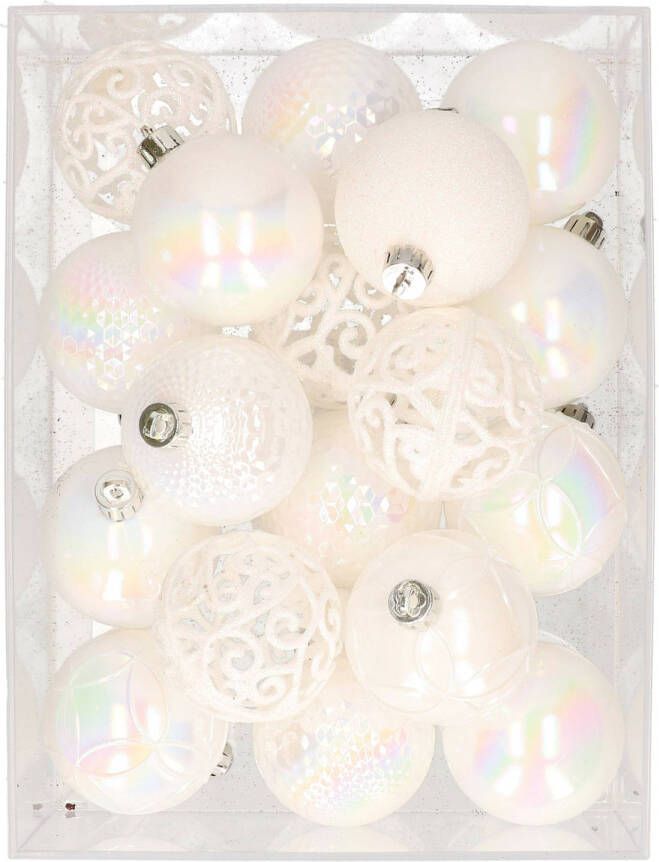 Bellatio Decorations 37x stuks kunststof kerstballen parelmoer wit 6 cm glans mat glitter mix Kerstbal