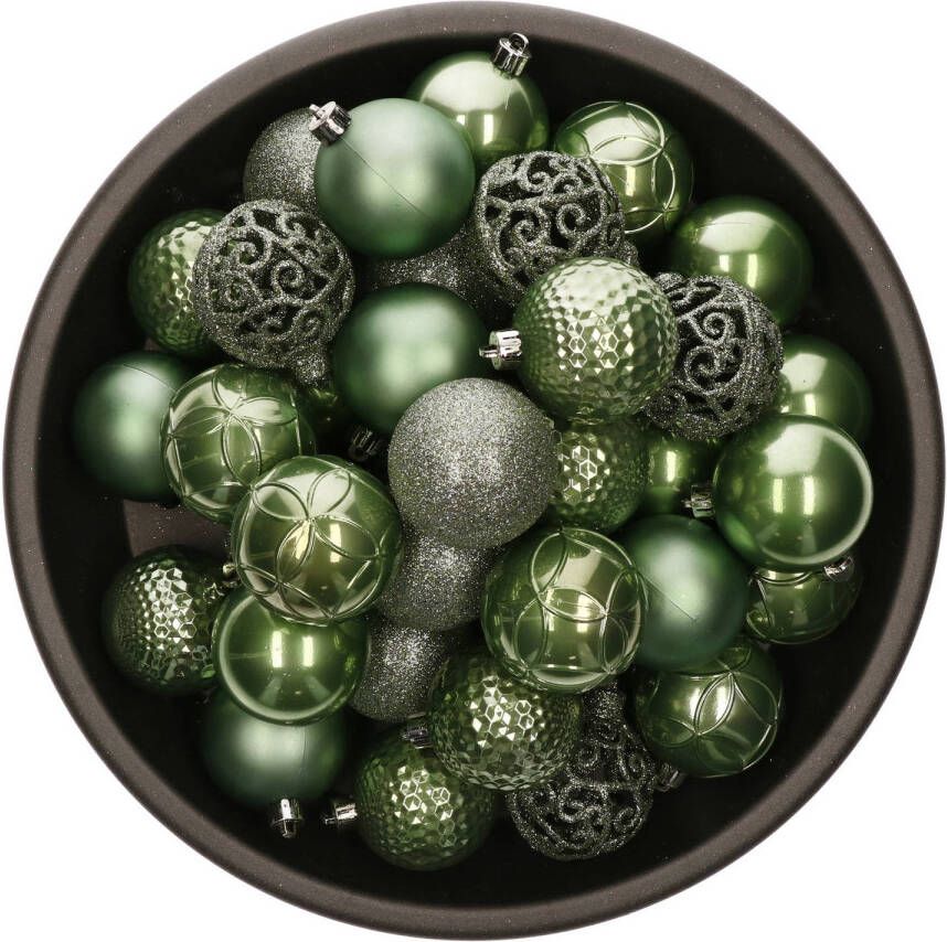 Bellatio Decorations 37x stuks kunststof kerstballen salie groen 6 cm glans mat glitter mix Kerstbal