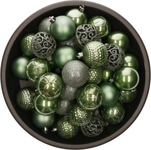 Bellatio Decorations 37x Stuks Kunststof Kerstballen Salie Groen 6 Cm Glans mat glitter Mix Kerstbal