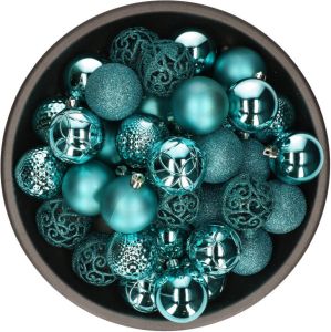 Bellatio Decorations 37x stuks kunststof kerstballen turquoise blauw 6 cm glans mat glitter mix Kerstbal