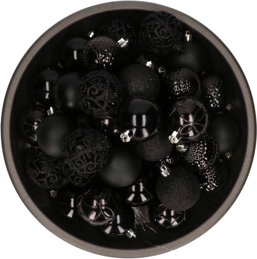 Decoris 37x Zwarte kunststof kerstballen 6 cm Mix Onbreekbare plastic kerstballen Kerstboomversiering zwart