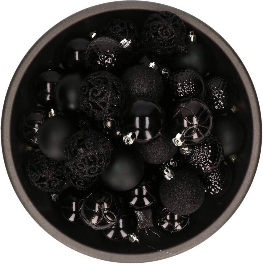 Bellatio Decorations 37x stuks kunststof kerstballen zwart 6 cm glans mat glitter mix Kerstbal