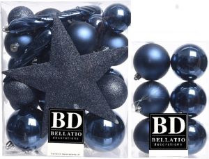 Bellatio Decorations 39x stuks kunststof kerstballen met ster piek donkerblauw mix Kerstbal
