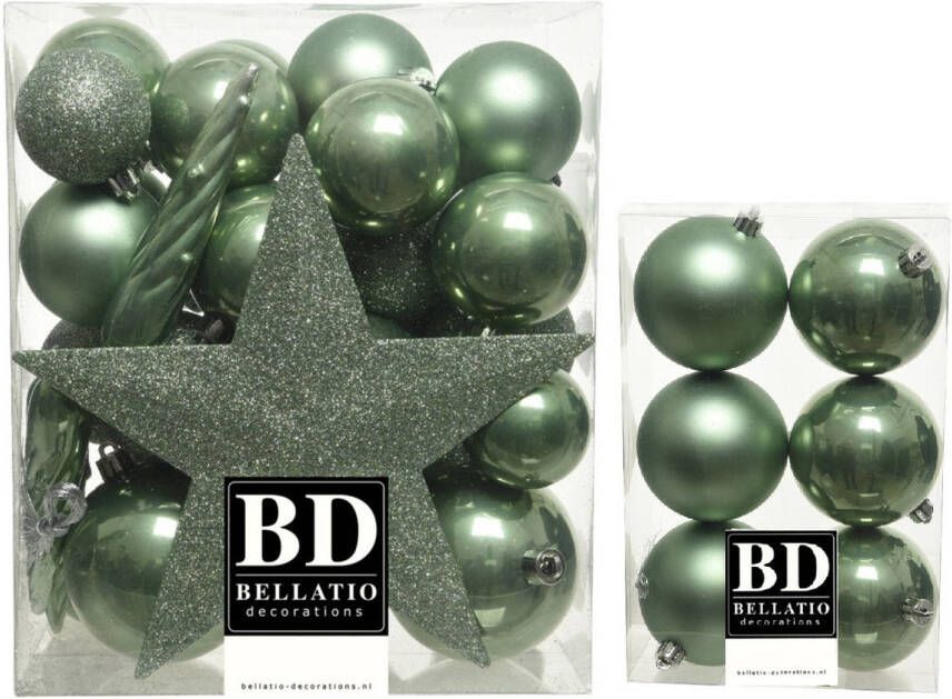 Bellatio Decorations 39x stuks kunststof kerstballen met ster piek salie groen mix Kerstbal