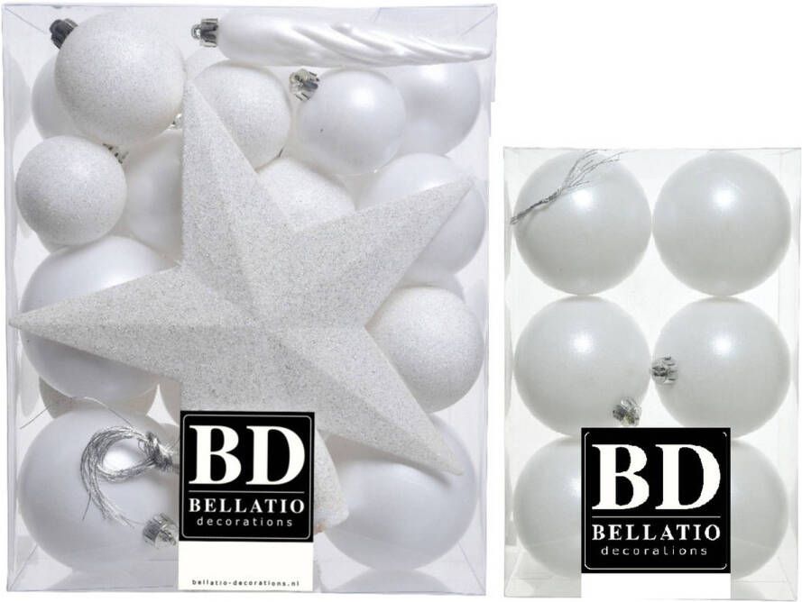 Bellatio Decorations 39x stuks kunststof kerstballen met ster piek wit mix Kerstbal
