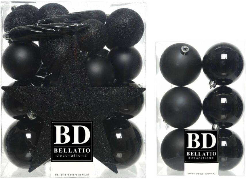 Bellatio Decorations 39x stuks kunststof kerstballen met ster piek zwart mix Kerstbal