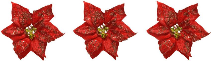 Bellatio Decorations 3x Stuks Decoratie Bloemen Kerstster Rood Glitter Op Clip 20 Cm Kersthangers