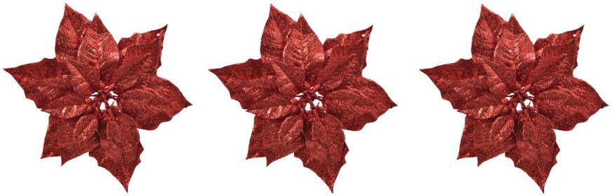 Bellatio Decorations 3x Stuks Decoratie Bloemen Kerstster Rood Glitter Op Clip 23 Cm Kersthangers