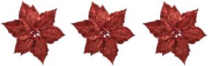 Merkloos 3x stuks decoratie bloemen kerststerren rood glitter op clip 23 cm Decoratiebloemen kerstboomversiering kerstversiering Kunstbloemen