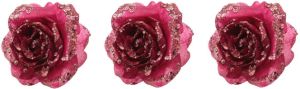 Merkloos 3x stuks decoratie bloemen roos framboos roze (magnolia) glitter op clip 14 cm Decoratiebloemen kerstboomversiering Kunstbloemen