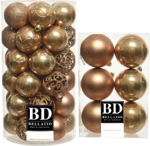 Bellatio Decorations 43x stuks kunststof kerstballen camel bruin 6 en 8 cm glans mat glitter mix Kerstbal