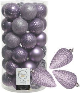 Bellatio Decorations 43x stuks kunststof kerstballen en dennenappel ornamenten lila paars Kerstbal