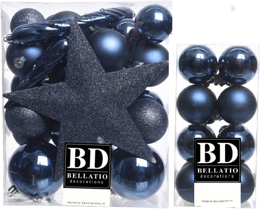 Bellatio Decorations 49x stuks kunststof kerstballen met ster piek donkerblauw mix Kerstbal