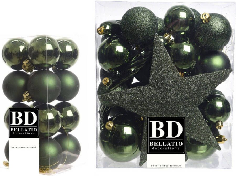 Bellatio Decorations 49x stuks kunststof kerstballen met ster piek donkergroen mix Kerstbal