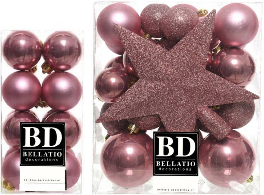 Bellatio Decorations 49x stuks kunststof kerstballen met ster piek oudroze (velvet pink) mix Kerstbal