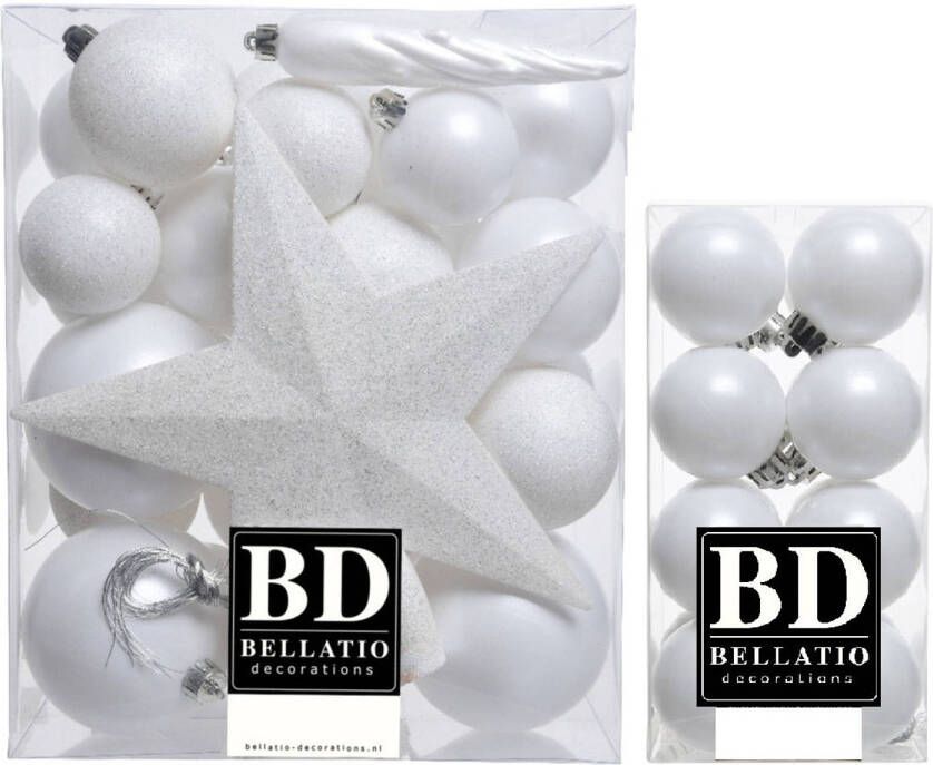 Bellatio Decorations 49x stuks kunststof kerstballen met ster piek wit mix Kerstbal