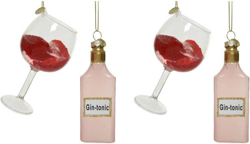 Merkloos 4x stuks glazen kersthangers Gin Tonic en glas 12 cm kerstornamenten Kersthangers