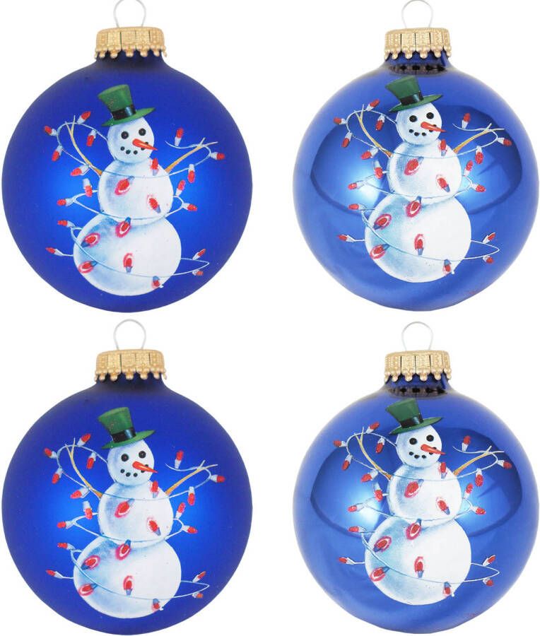 Merkloos 4x stuks luxe glazen kerstballen 7 cm blauw met sneeuwpop Kerstbal