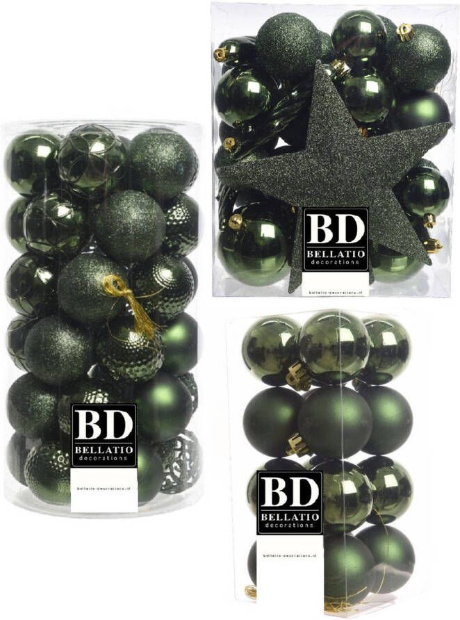 Bellatio Decorations 55x stuks kunststof kerstballen met ster piek donkergroen mix Kerstbal